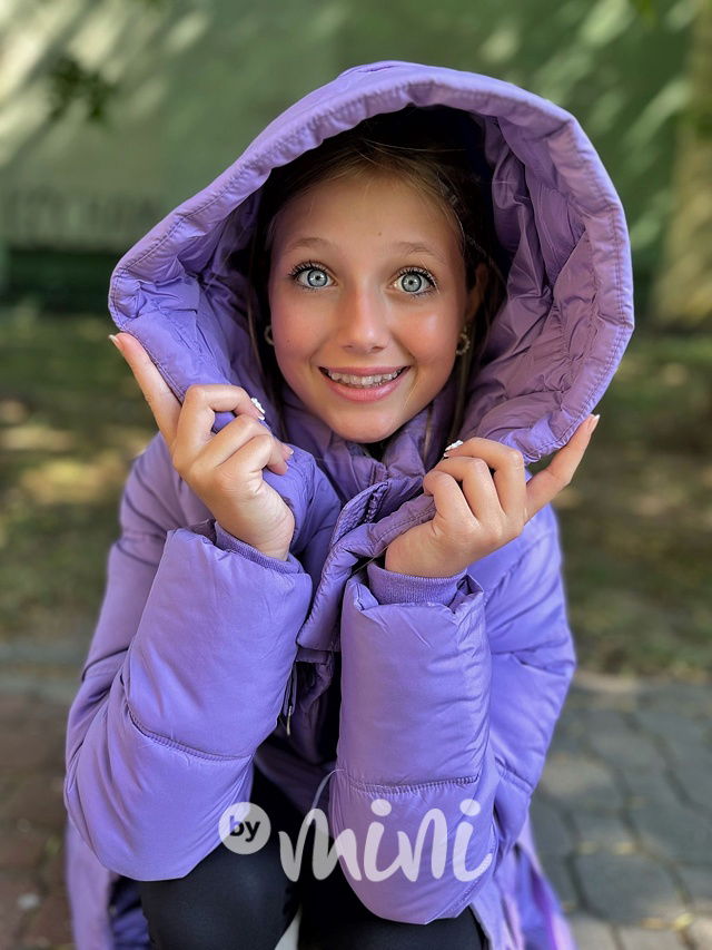 Zimní dlouhý kabát s páskem lila