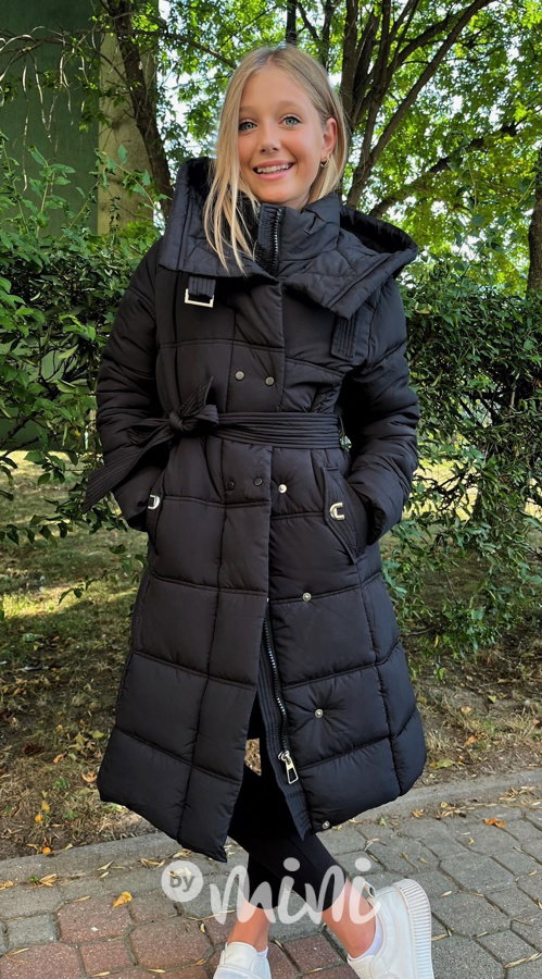 Zimní dlouhý kabát s páskem černý