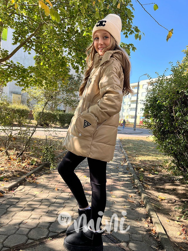 Eco leather zimní bunda s kabelkou béžová