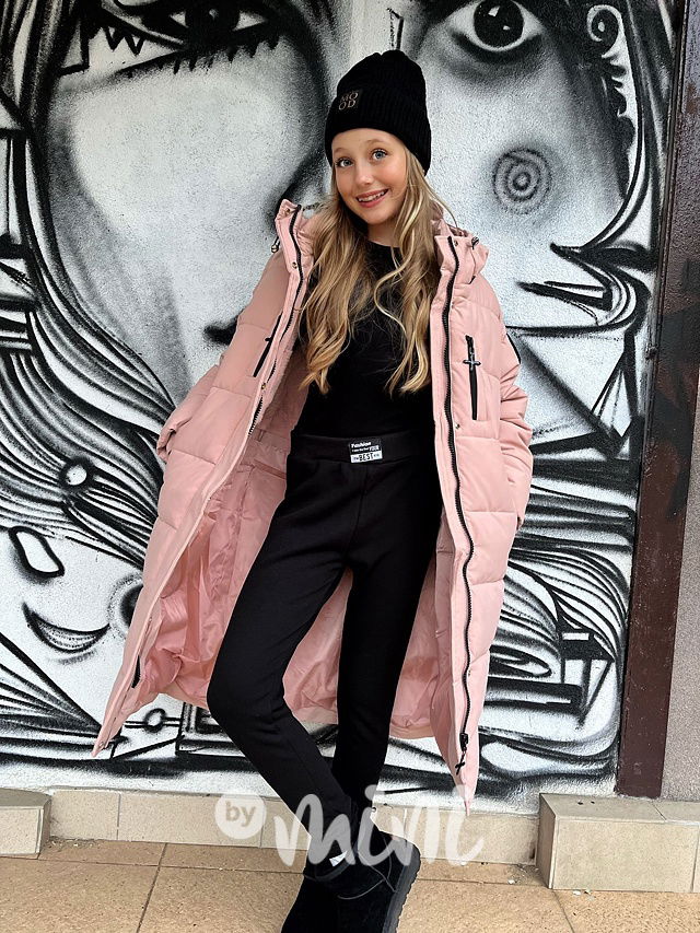 Maxi dlouhý zimní kabát DESIGN růžový