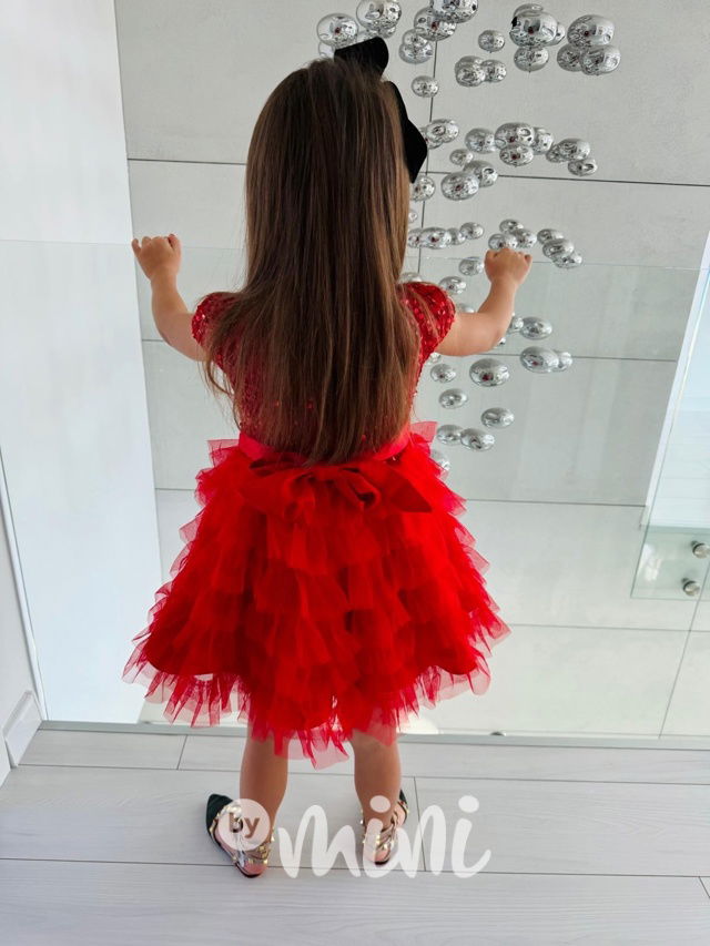 PREMIUM červené flitr šaty s tylem - krátký rukáv