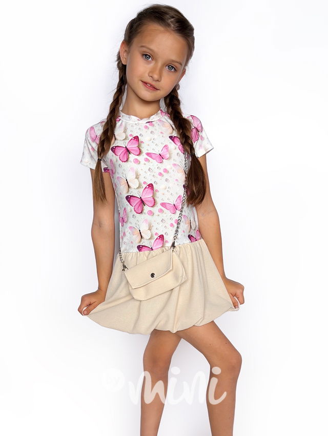 Motýlkové šaty s balonovou sukní + kabelka BEIGE