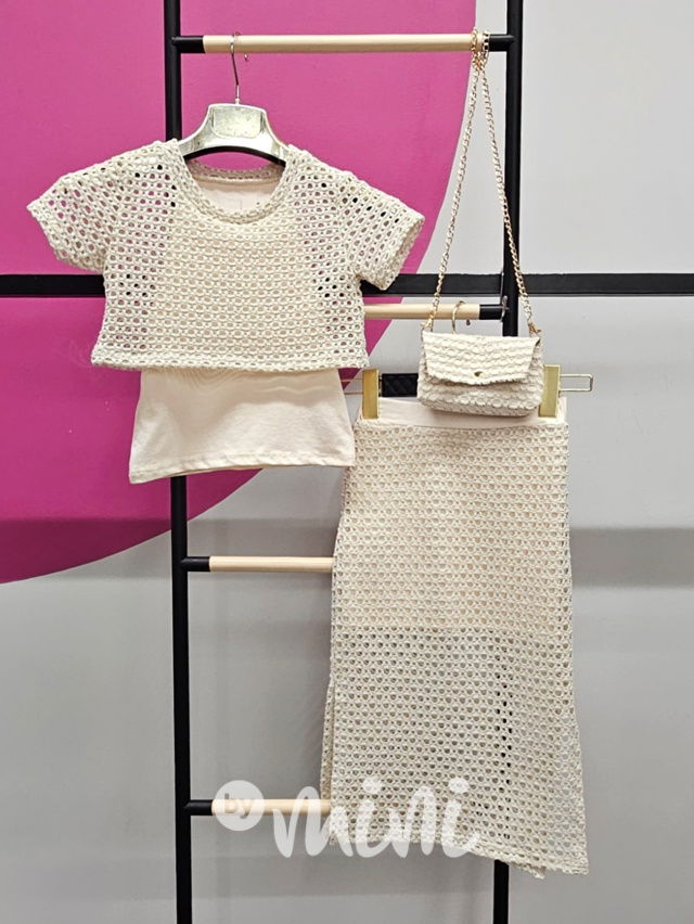 Děrovaný setík s kabelkou beige