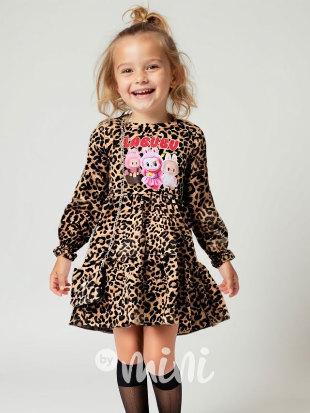 Labubu soft velur leopard šaty s kabelkou