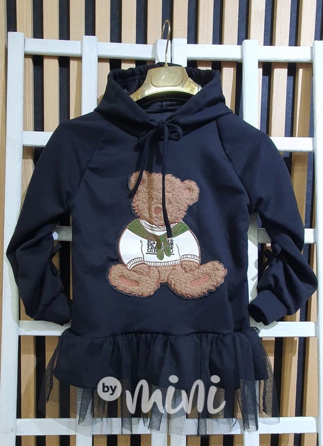 Teddy mikinová hoodie tunika s tylem černá