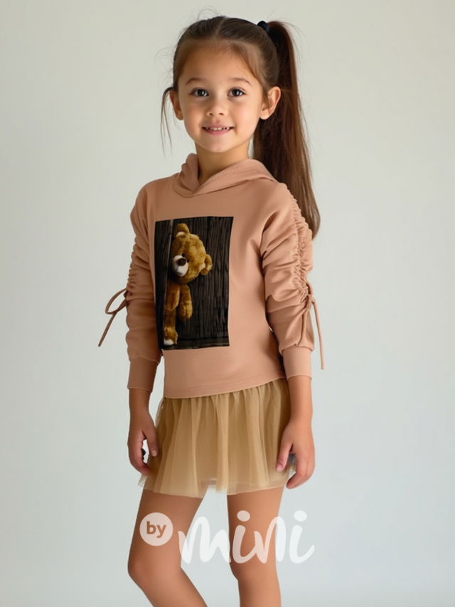 Teddy mikinová hoodie tunika s tylem beige