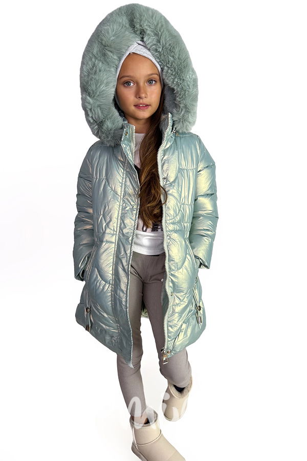 Metalický zimní kabát s kožíškem mint