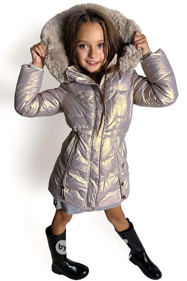Metalický zimní kabát s kožíškem silver