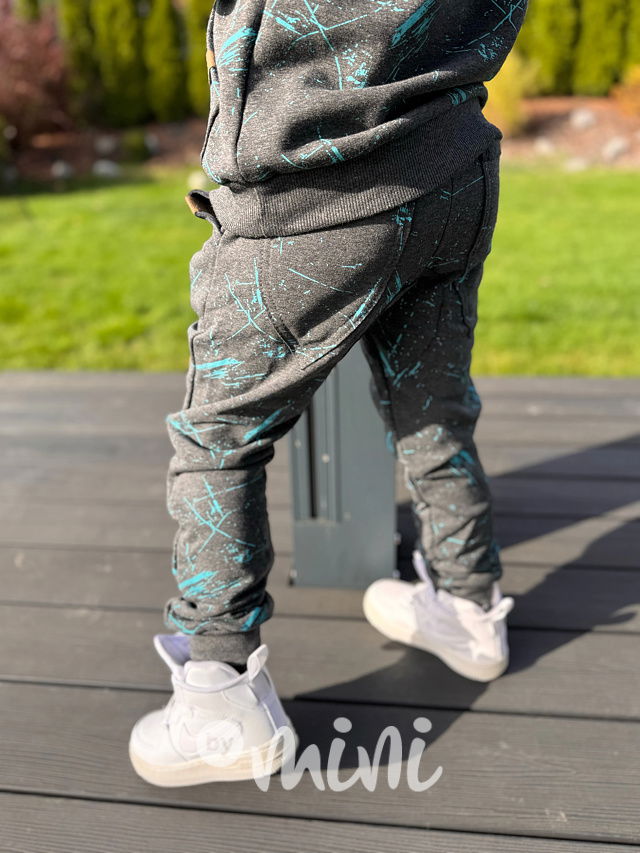 Zateplené šedé tepláky tyrkys splash