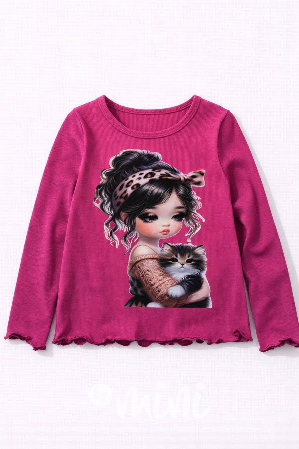 Černá žebrovaná blůzka Girl & Cat malinová