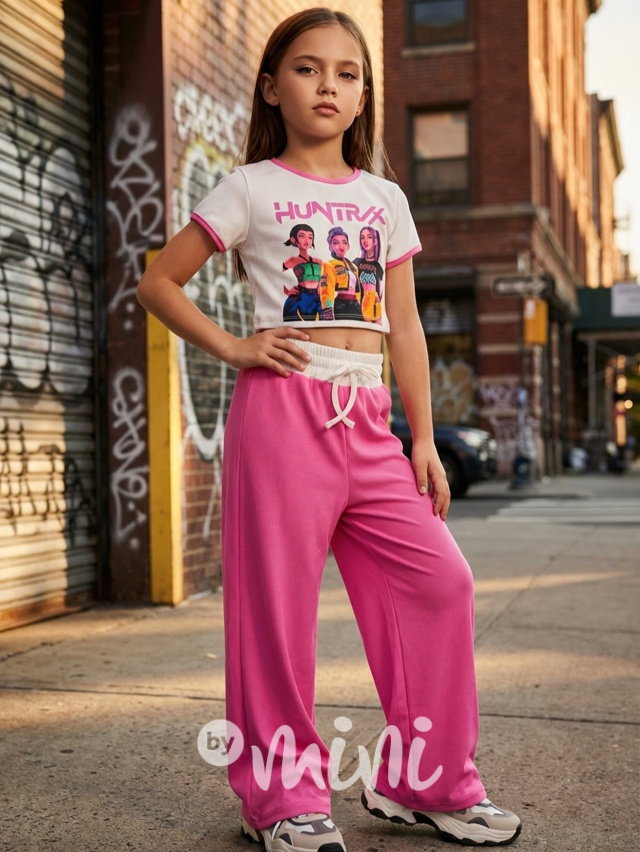 Huntrix crop triko + široké kalhoty PINK