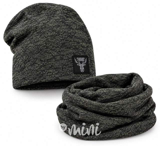 Deer melange beanie čepice + maxi nákrčník antracit
