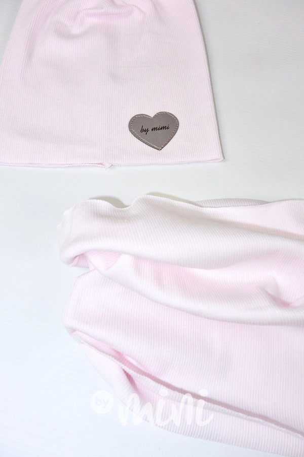 Baby pink žebrovaná čepka s pomponem + nákrčník