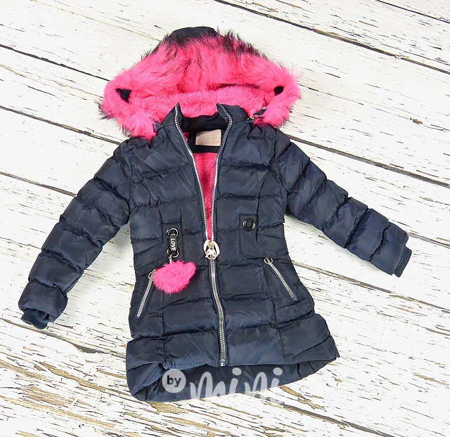 Dívčí zimní kabátek Marine blue s růžovým chlupem