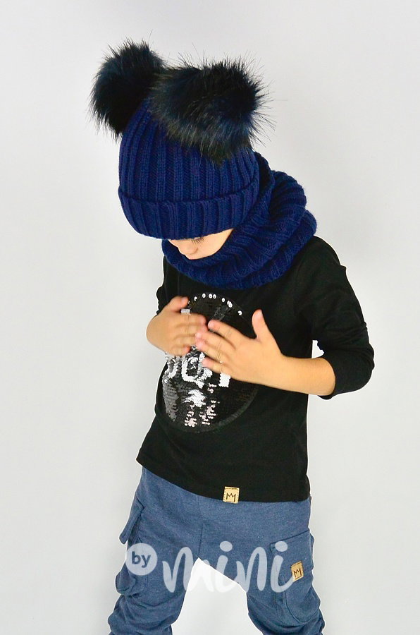Zimní kulich dvě bambulky + nákrčník blue