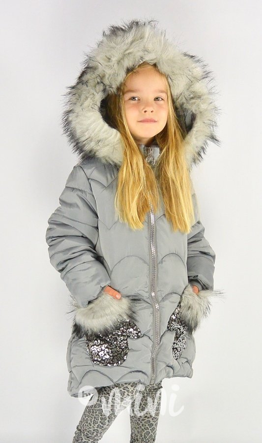 Dívčí zimní kabátek s flitrovými kapsami šedý