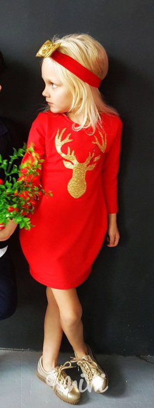 Červená dívčí tunika deer se sobem + čelenka