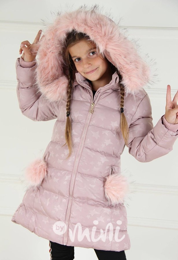 Růžový dívčí zimní kabát s hvězdičkami