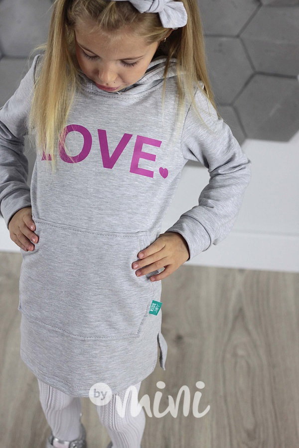 LOVE hoodie dress s kapucí šedá