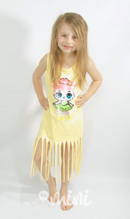 Letní flitr LOL dětské šaty třásničky žluté