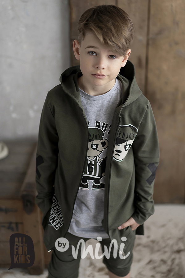 Chlapecká mikina khaki na zip a kapucí a s nápisem