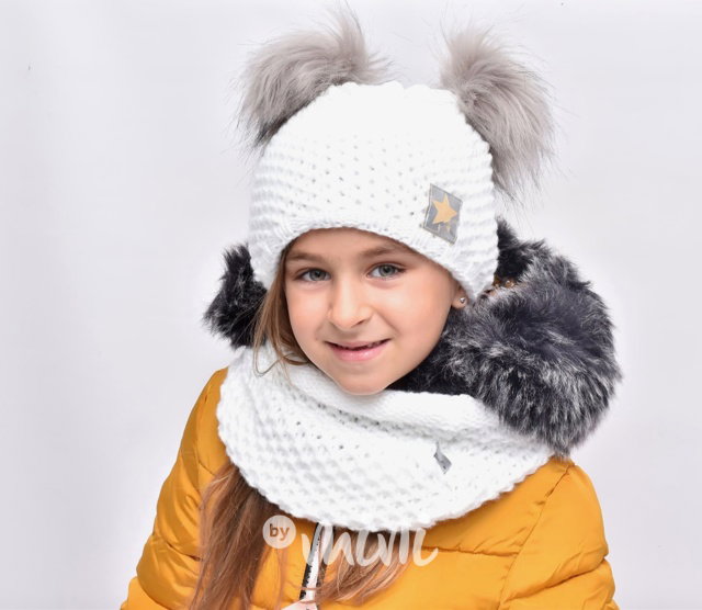 Pompon duo dívčí čepka s nákrčníkem - white