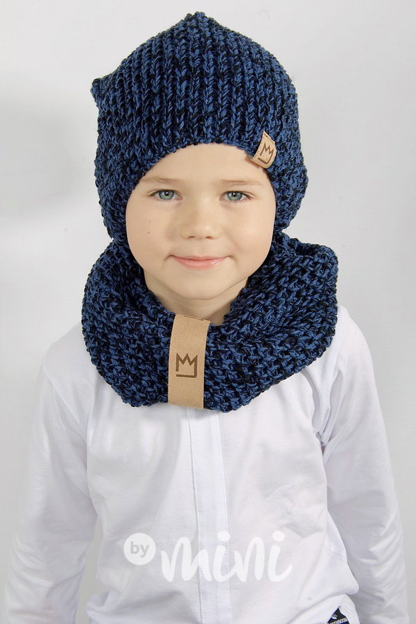 Vlněná houmleska bambulka s nákrčníkem - dark blue melange