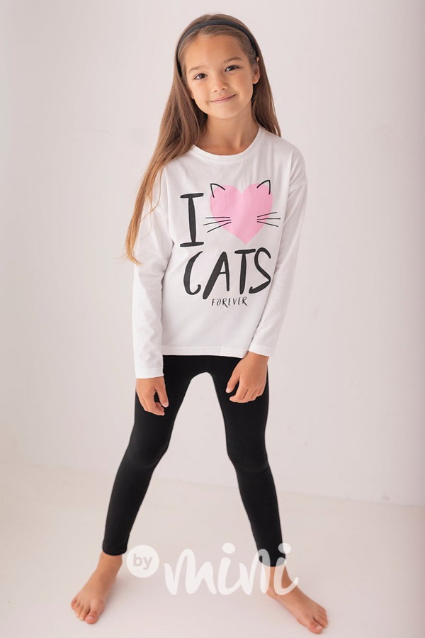 Bílé dívčí triko dlouhý rukáv I love cats