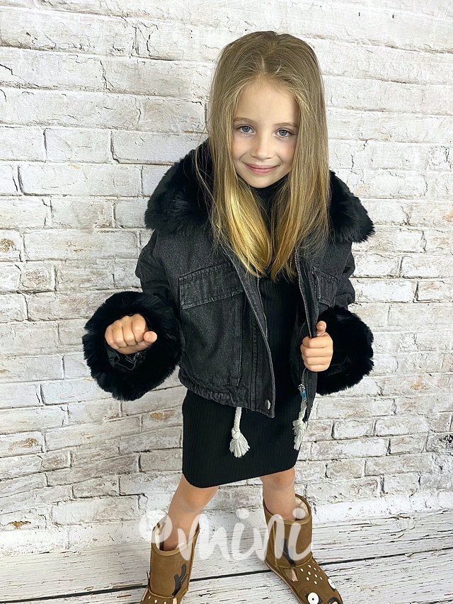 Oversize jeans bunda s kožíškem - černá