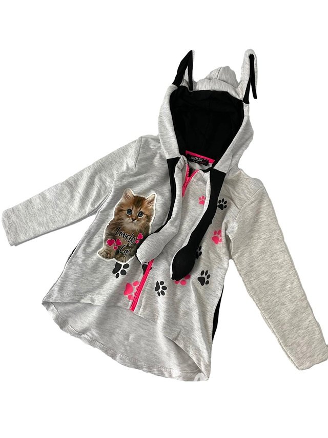 Quirky hoodie - pohyblivé uši - kočičí dívčí mikina - šedá