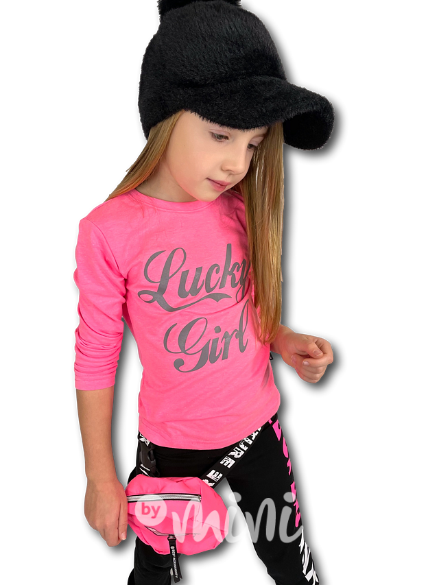 Lucky girl longsleeve dívčí triko - neon pink
