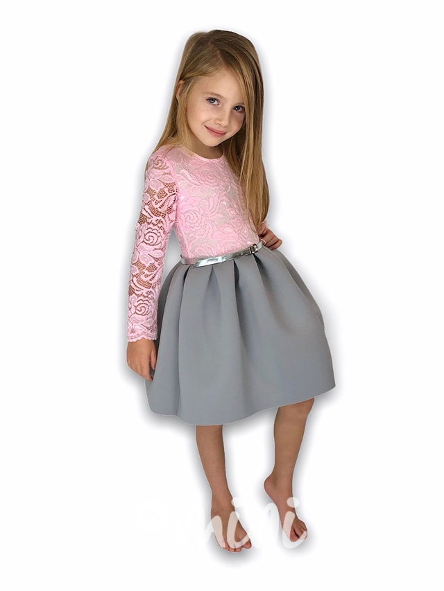 Dětské šaty s dlouhým krajkovým rukávem růžovo šedivé