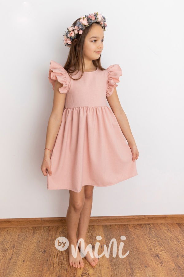 Pudder pink šaty s řasenými rukávy