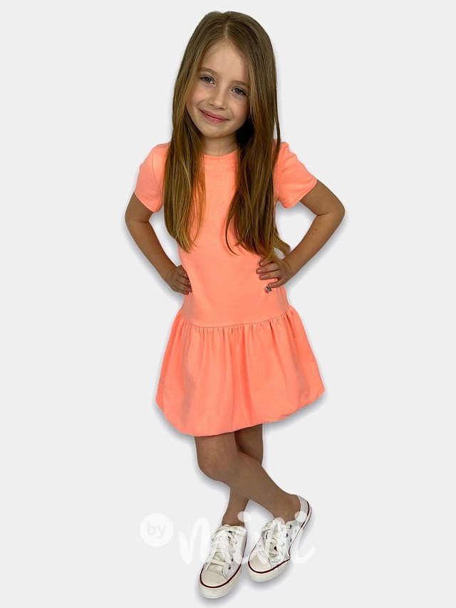 Neon oranž šaty s balonovou sukní - krátký rukáv