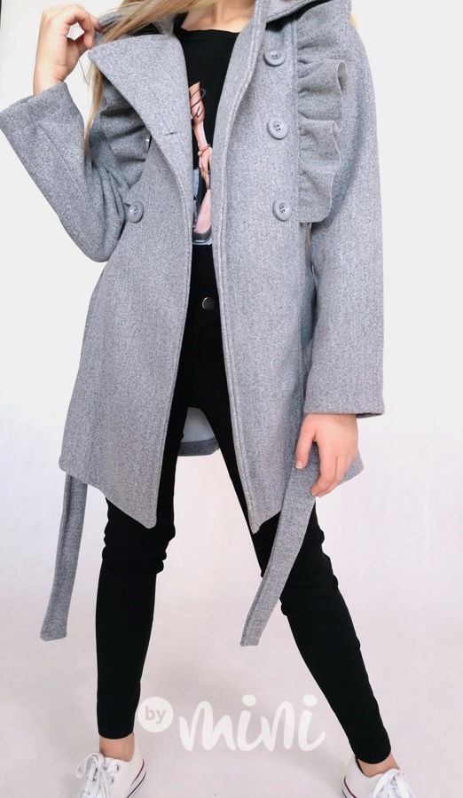 Flaušový kabát s volánky šedý