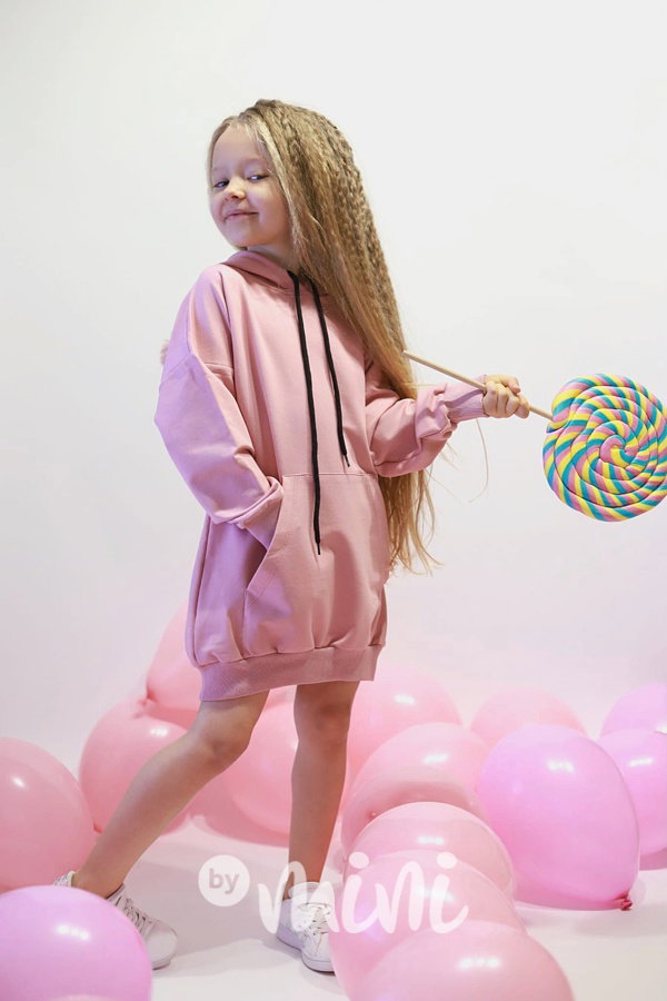 Hoodie mikinová tunika s bambulkama pink