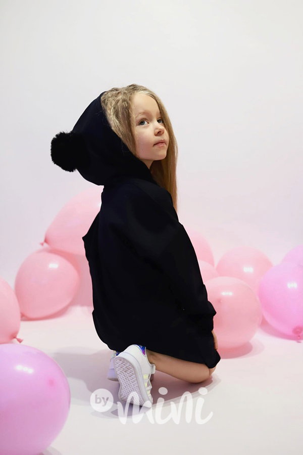 Hoodie mikinová tunika s bambulkama černomodrá