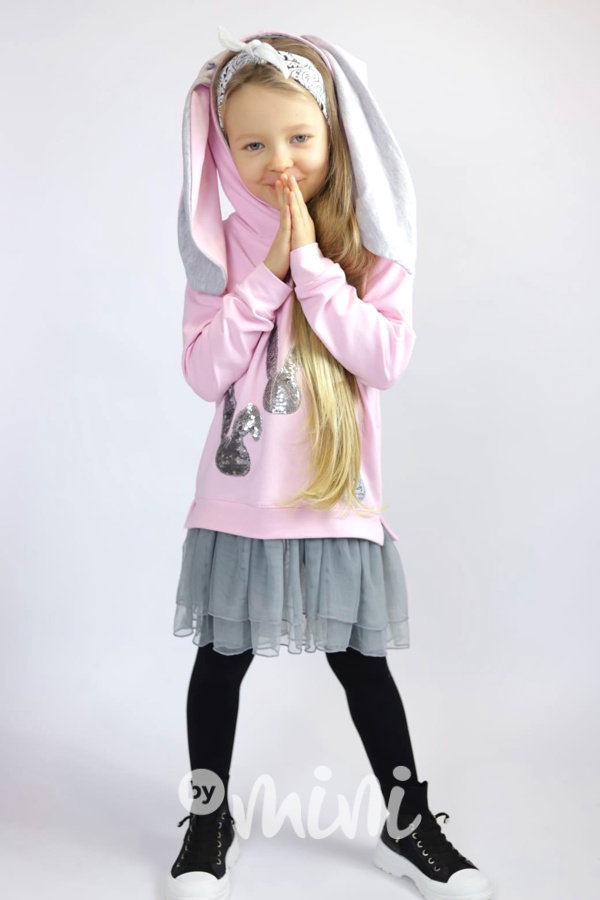 Bunny hoodie tunika s tylem a flitry pink