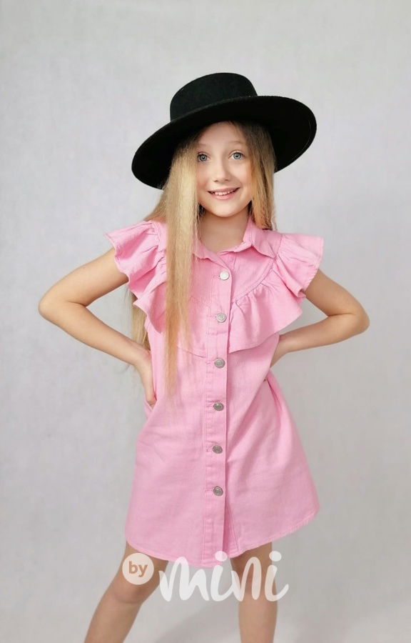 Růžové jeans šaty s volánkem