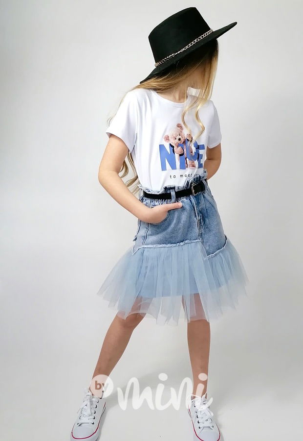 Blue jeans sukně s tylem a páskem