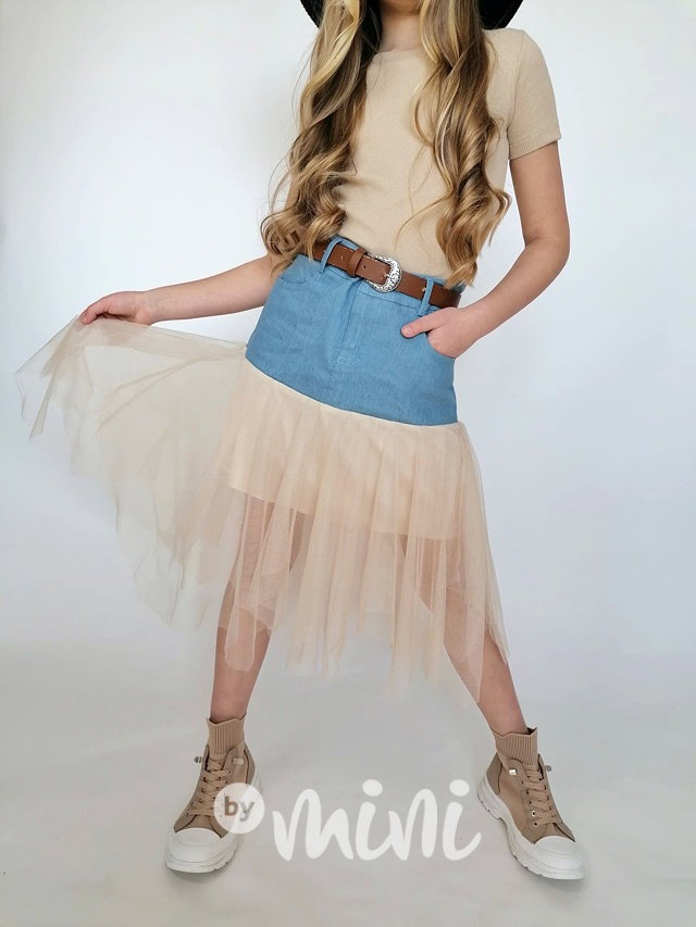 Soft denim sukně s tylem beige