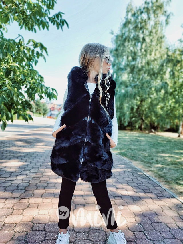 Chlupatá dlouhá hoodie vesta černá