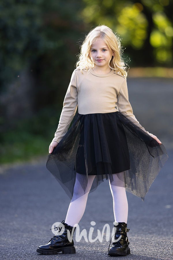 Žebrované šaty s tylem beige/black