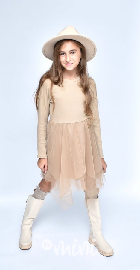 Žebrované šaty s tylem beige