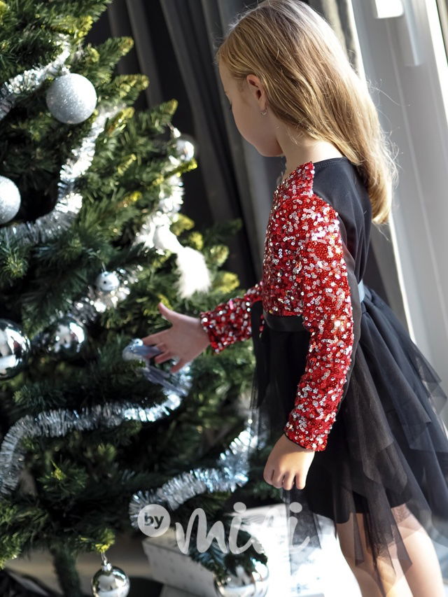 Metallic red flitr šaty s tylem