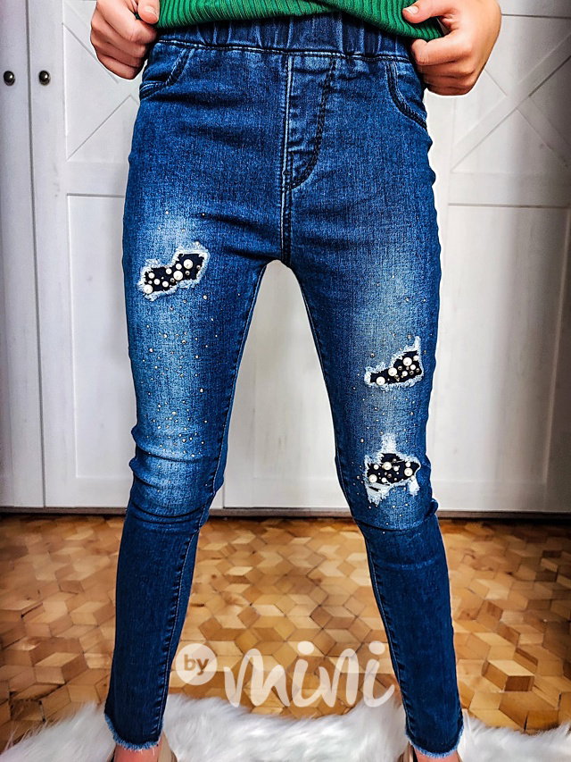 Lehce oteplené jeans jegginy zdobené perličkami