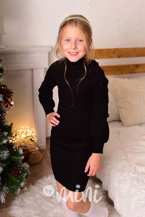 Svetříkové stretch šaty s nabíranými rukávy černé