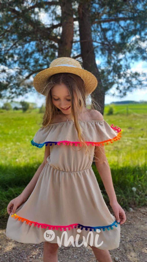 Boho beach dress pompon beige