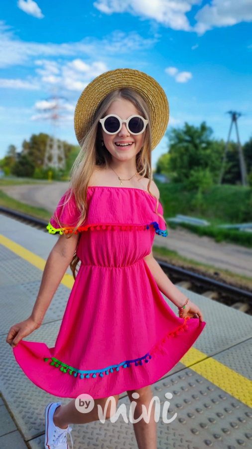Boho beach dress pompon pink