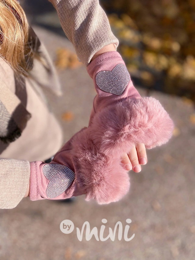 Chlupaté rukavičky HEART růžové
